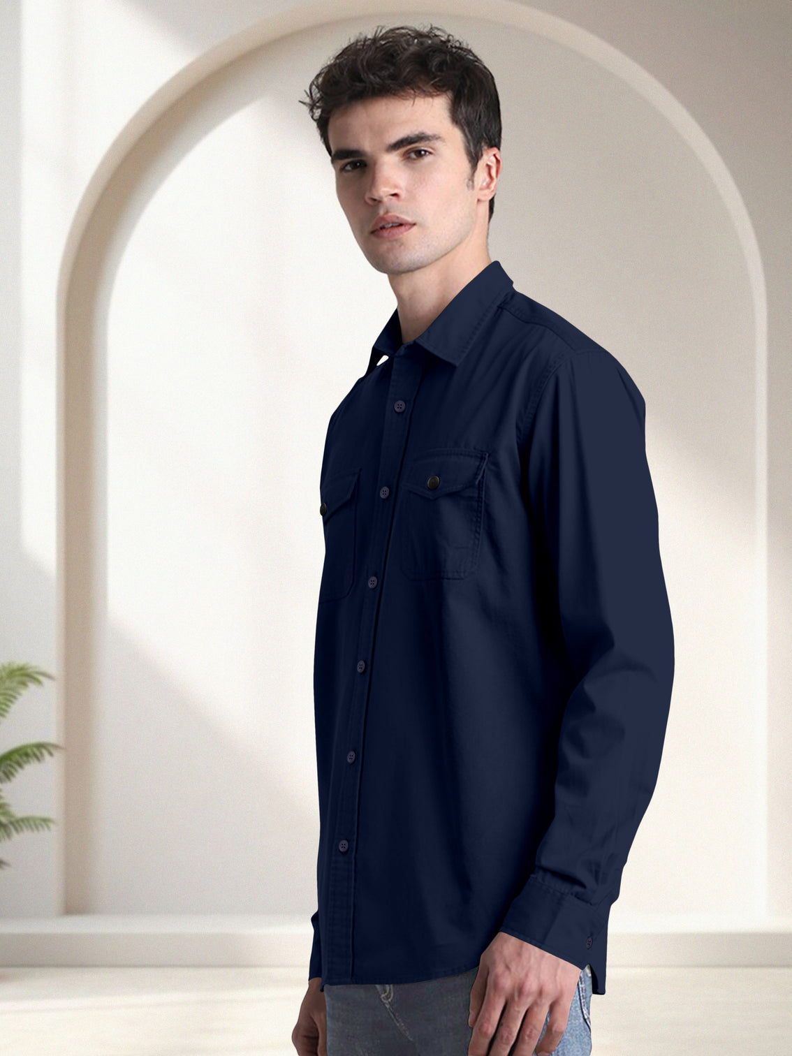 Blacklogy Men's Premium Cotton Dark Blue Double Pocket Shirt