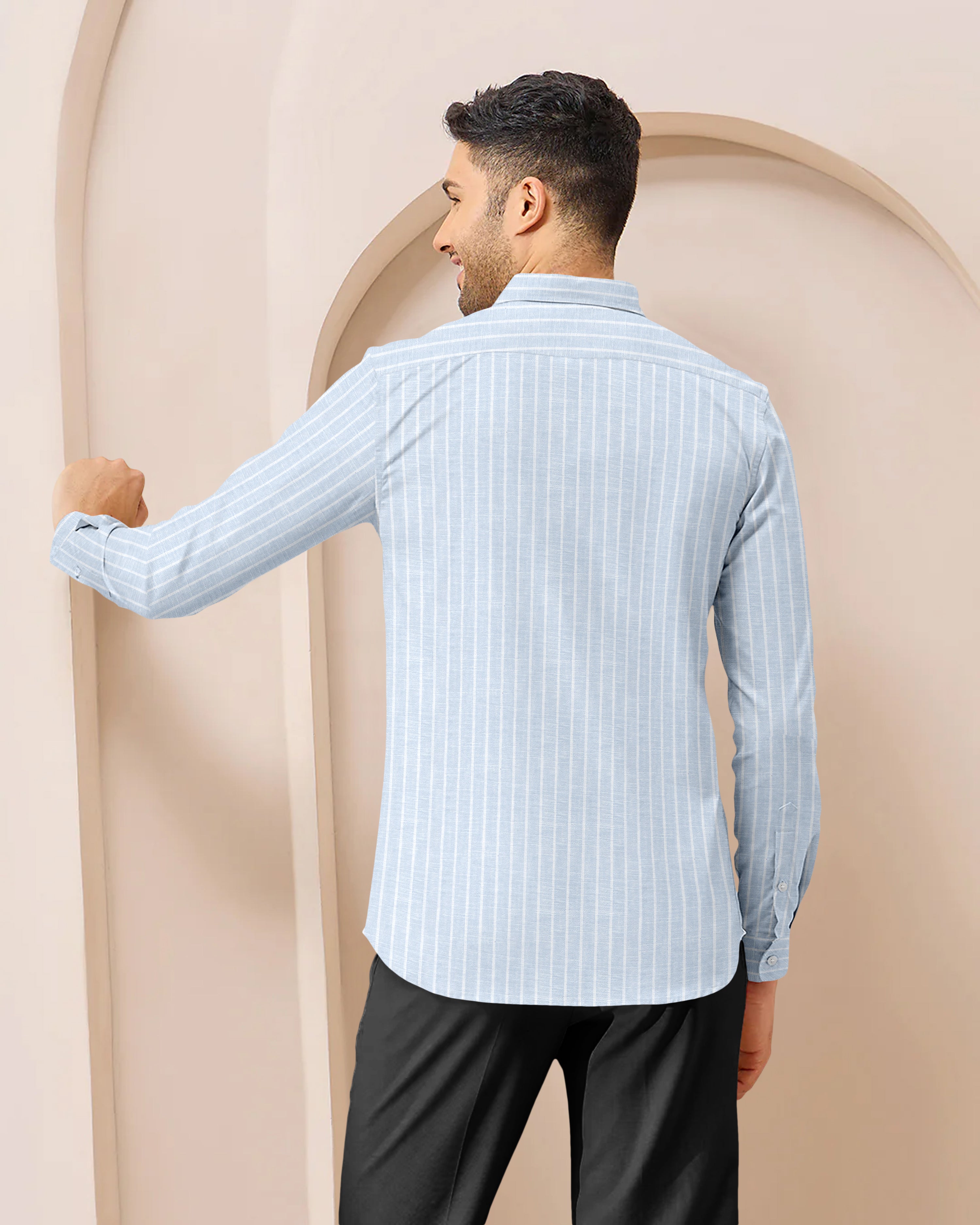 Blacklogy Men's Premium Light Blue Vertical Striped Linen Shirt | Full Sleeve Slim Fit Formal and Casual Shirt for Office & Outing | No Fade | Breathable Fabric