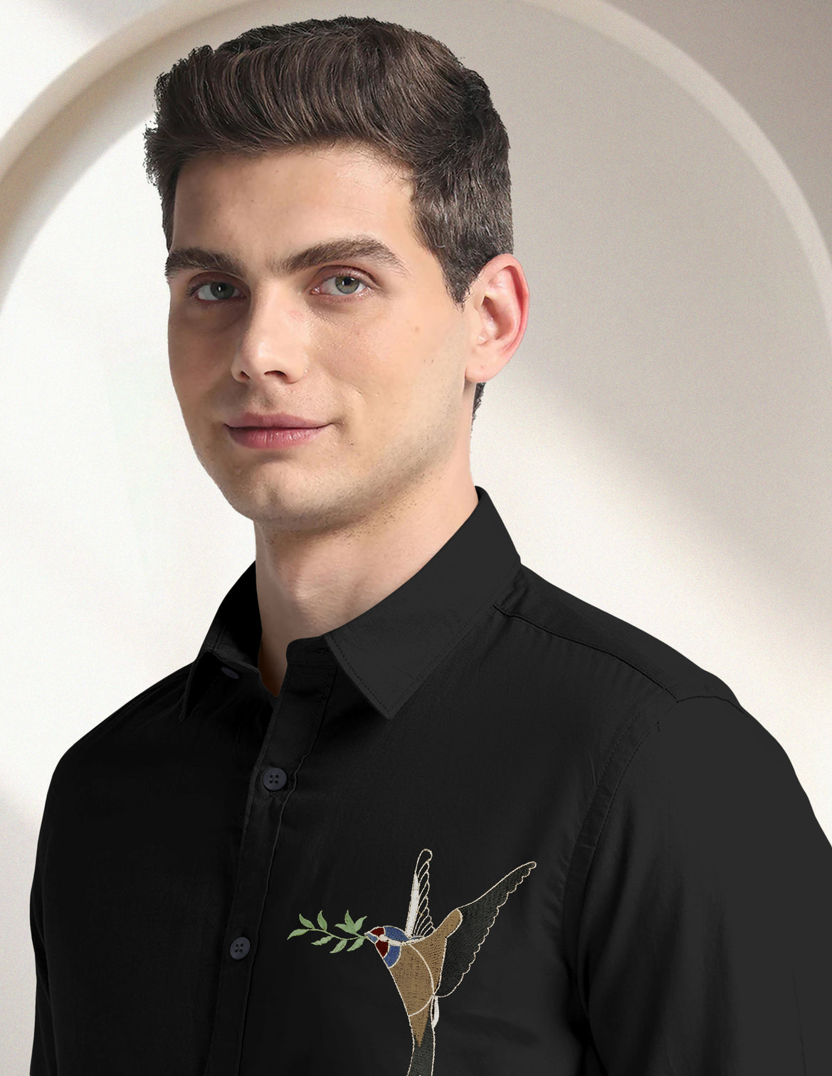 Blacklogy Men's Premium Cotton Black Embroidered Bird Motif Shirt