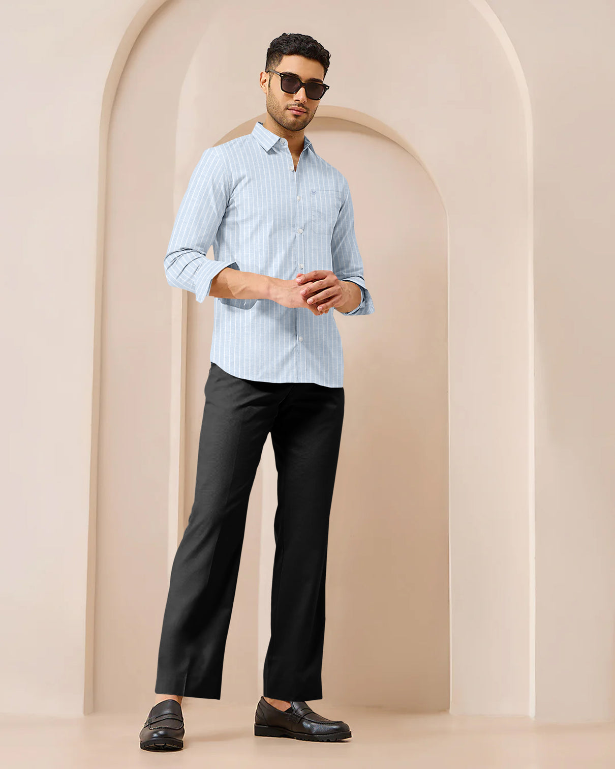 Blacklogy Men's Premium Light Blue Vertical Striped Linen Shirt | Full Sleeve Slim Fit Formal and Casual Shirt for Office & Outing | No Fade | Breathable Fabric