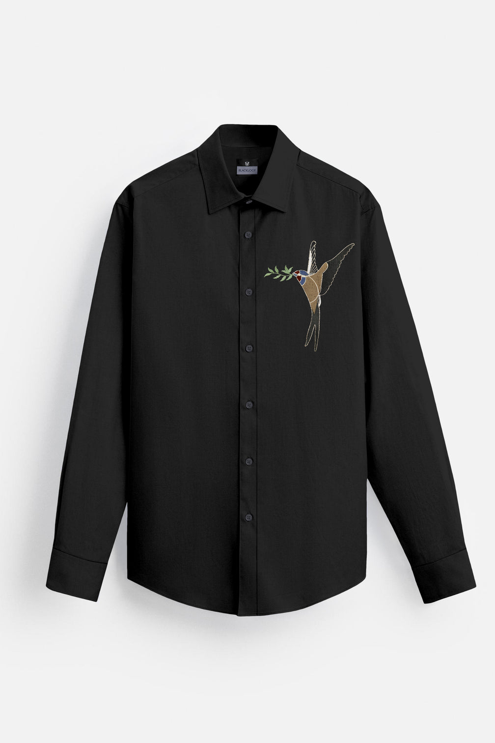 Blacklogy Men's Premium Cotton Black Embroidered Bird Motif Shirt