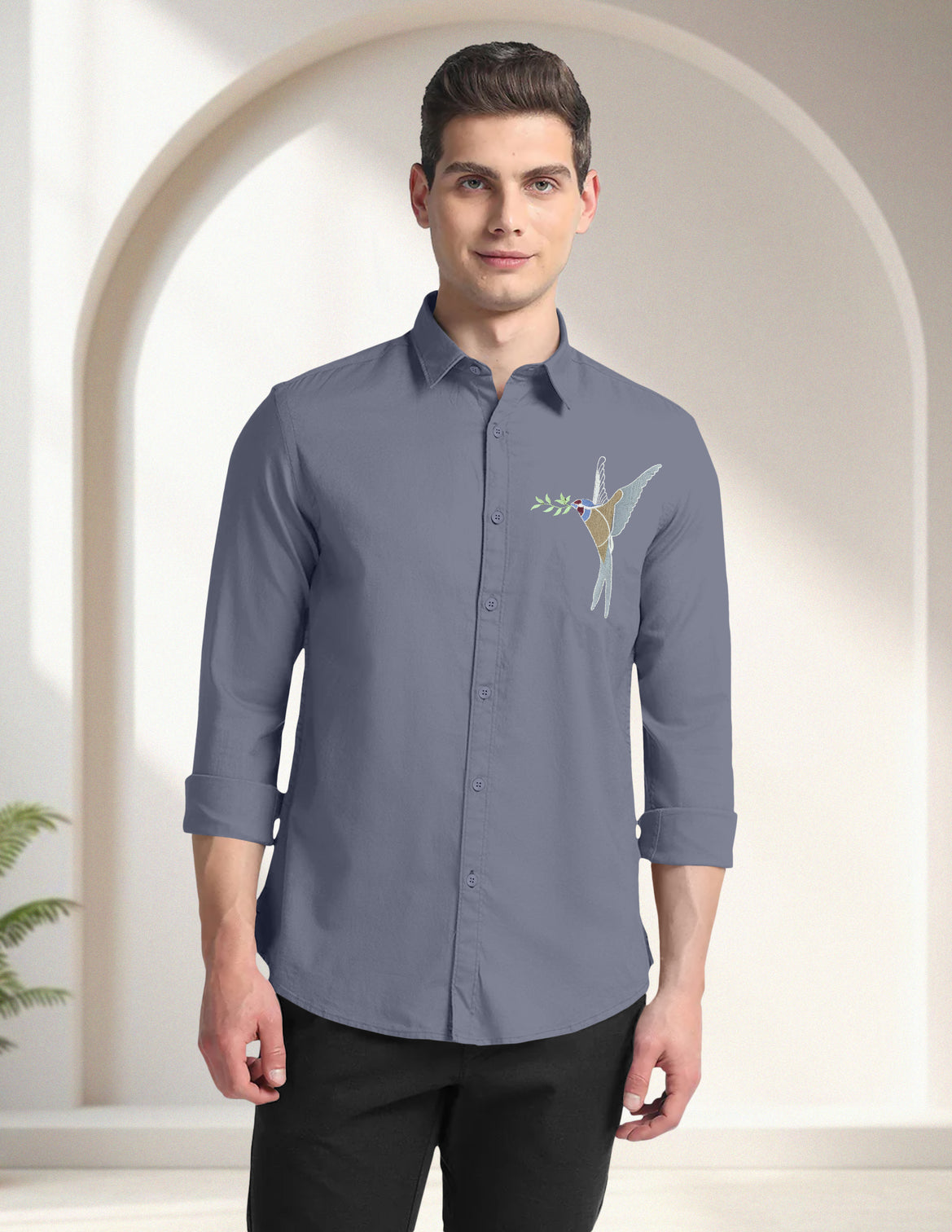 Blacklogy Men's Premium Cotton Slate Blue Embroidered Bird Motif Shirt