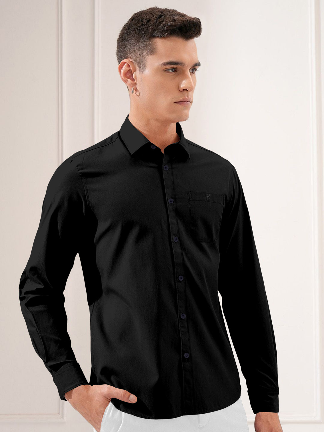 Blacklogy Men's Premium plain Oxford Cotton Black Full Sleeve Slim Fit Shirt with One Pocket