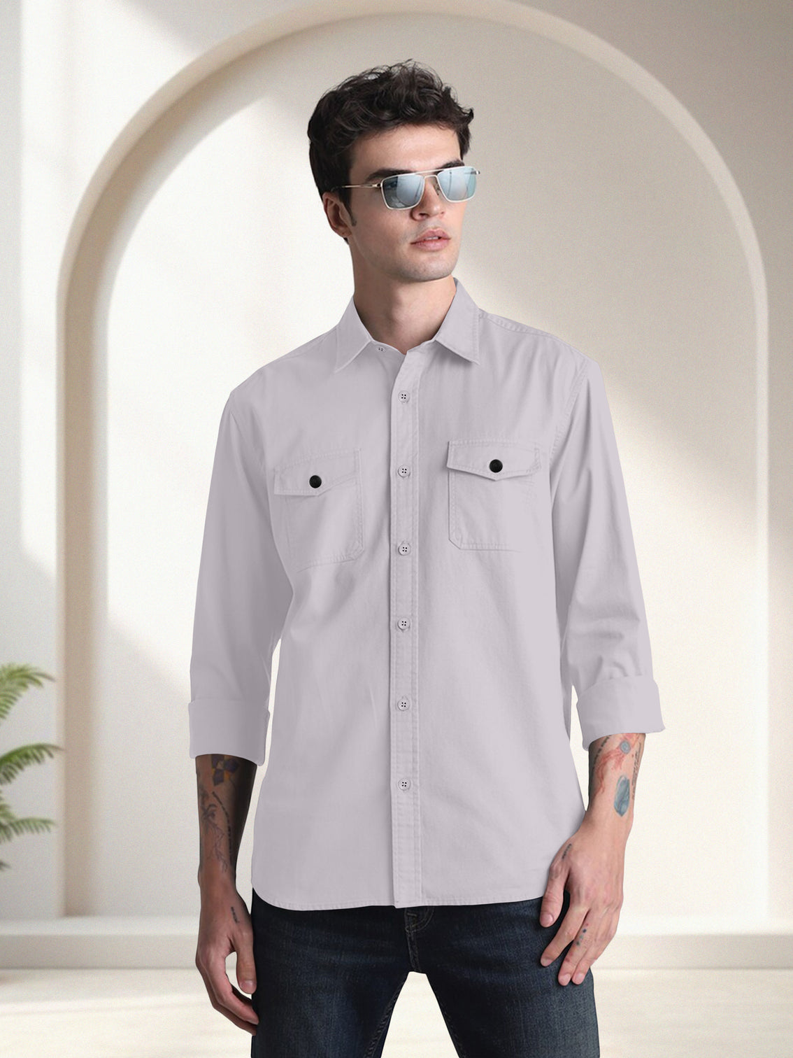 Blacklogy Men's Premium Cotton Grey Double Pocket Full Sleeve Shirt