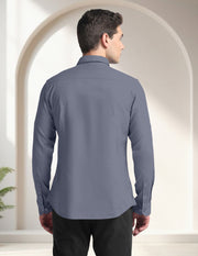 Blacklogy Men's Premium Cotton Slate Blue Embroidered Bird Motif Shirt