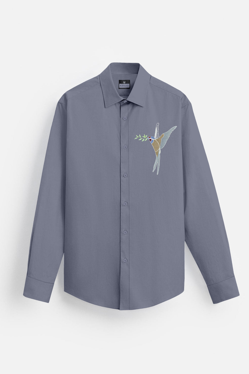 Blacklogy Men's Premium Cotton Slate Blue Embroidered Bird Motif Shirt