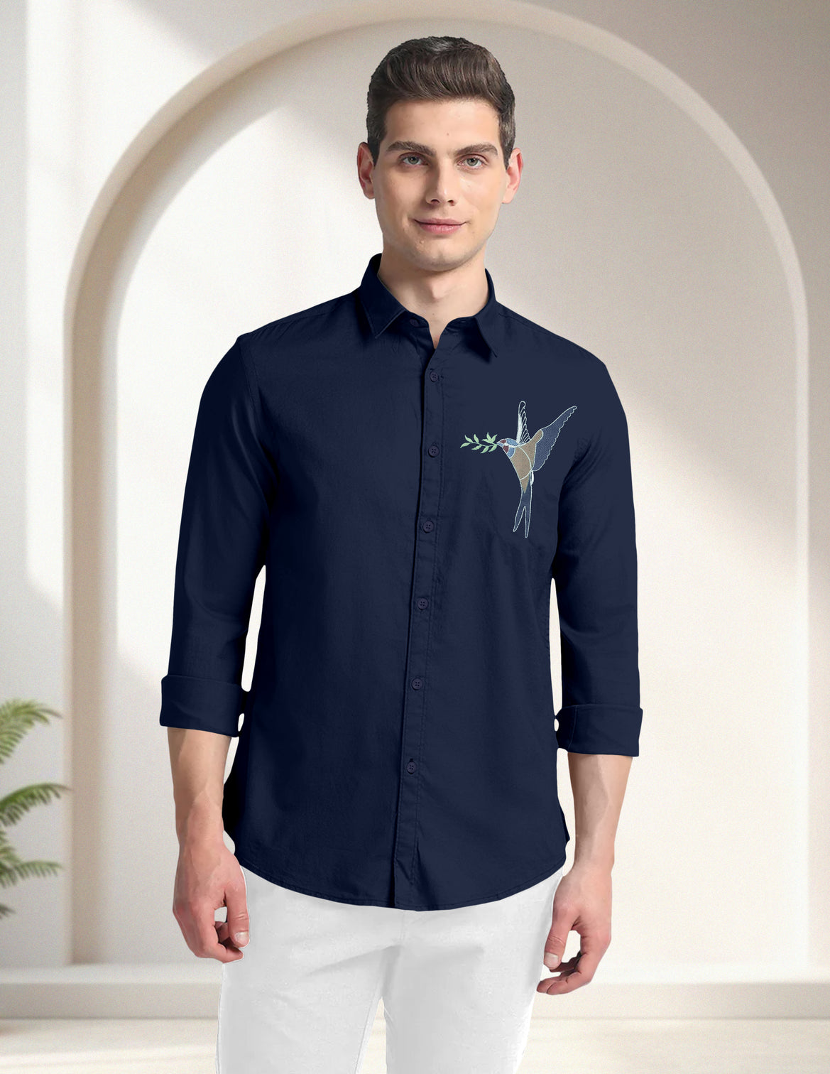 Blacklogy Men's Premium Cotton Dark Blue Embroidered Bird Motif Shirt