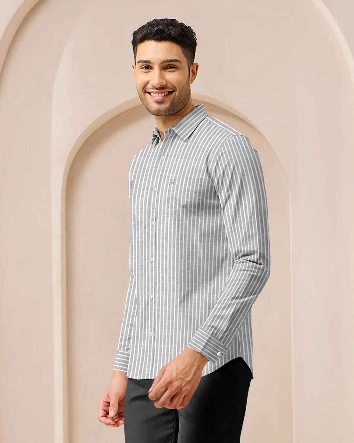 Blacklogy Men's Premium Thick Grey Vertical Striped Linen Shirt | Full Sleeve Slim Fit Formal and Casual Shirt for Office & Outing | No Fade | Breathable Fabric