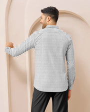 Blacklogy Men's Premium Thick Grey Vertical Striped Linen Shirt | Full Sleeve Slim Fit Formal and Casual Shirt for Office & Outing | No Fade | Breathable Fabric