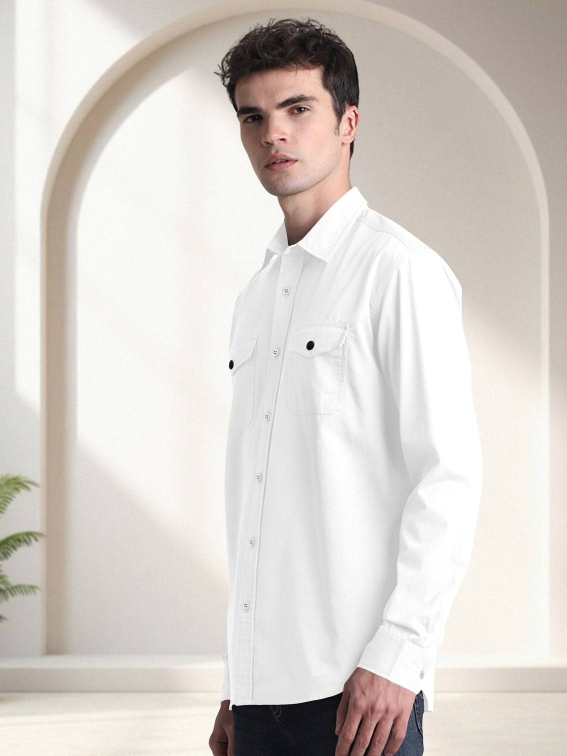 Blacklogy Men's Premium Cotton White Double Pocket Full Sleeve Shirt