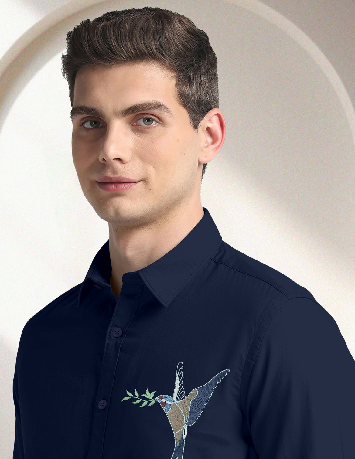 Blacklogy Men's Premium Cotton Dark Blue Embroidered Bird Motif Shirt