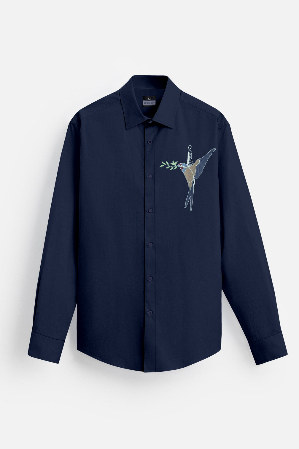 Blacklogy Men's Premium Cotton Dark Blue Embroidered Bird Motif Shirt