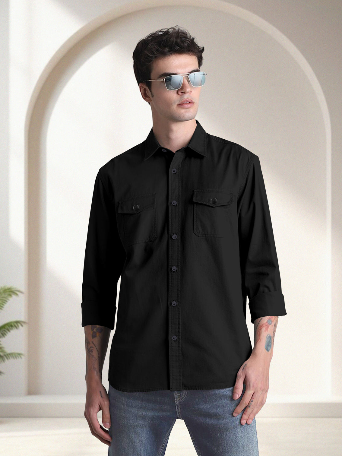 Blacklogy Men's Premium Cotton Black Double Pocket Full Sleeve Shirt