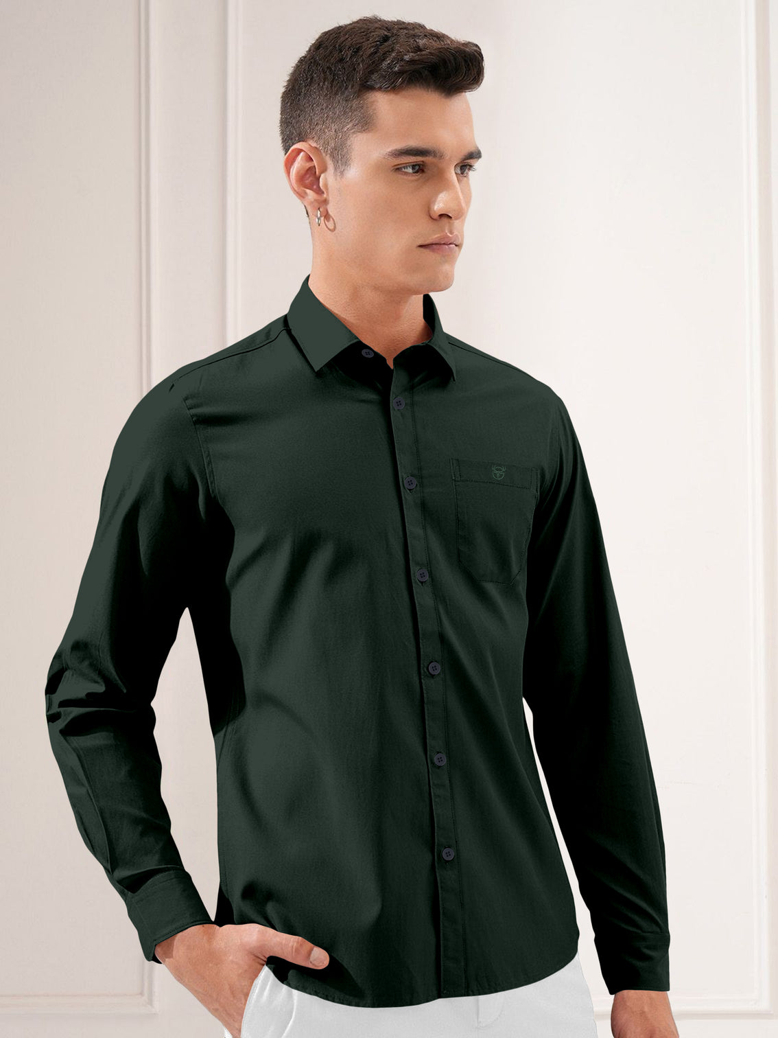 Blacklogy Men's Premium Oxford Cotton Dark Green Double Pocket Full Sleeve Slim Fit Shirt with One Pocket