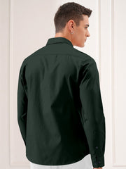 Blacklogy Men's Premium Oxford Cotton Dark Green Double Pocket Full Sleeve Slim Fit Shirt with One Pocket